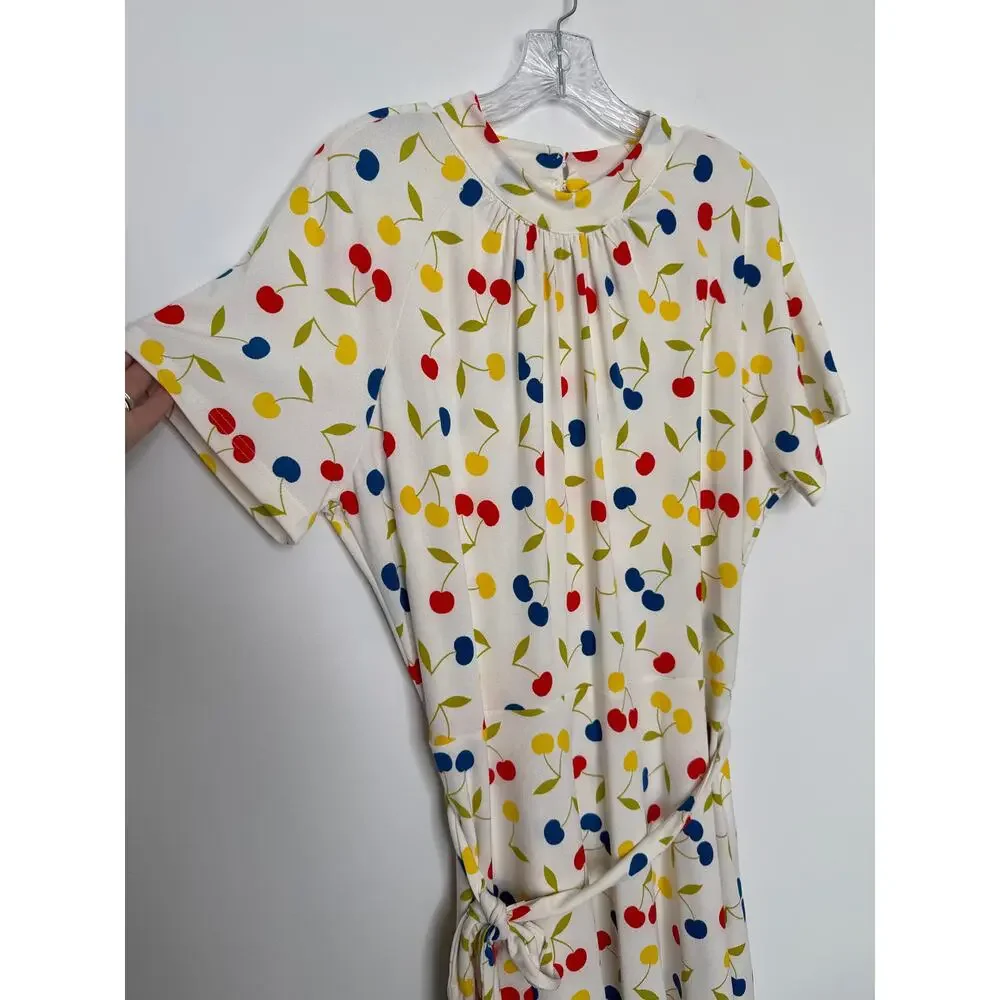ModCloth Cherry Print retro swing Fit & Flare Dress mock neck & belt XL